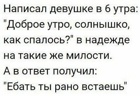 Написал девушке в 6 утра Доброе утро солнышко как спалось в надежде на такие же милости А в ответ получил Ебать ты рано встаешь