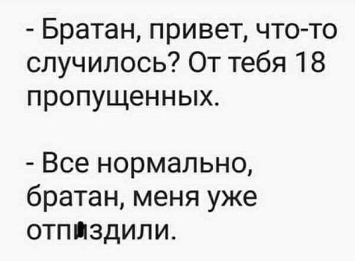 Братан привет что то случилось От тебя 18 пропущенных Все нормально братан меня уже отппздили