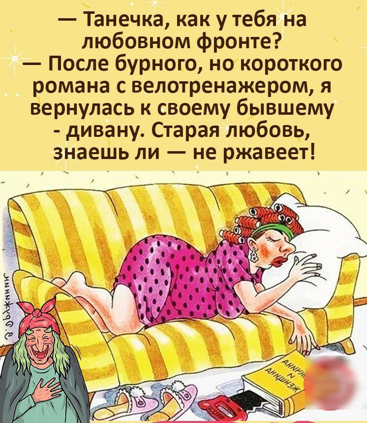 Танечка как у тебя на любовном фронте После бурного но короткого романа с велотренажером я вернулась к своему бывшему дивану Старая любовь знаешь ли не ржавеет