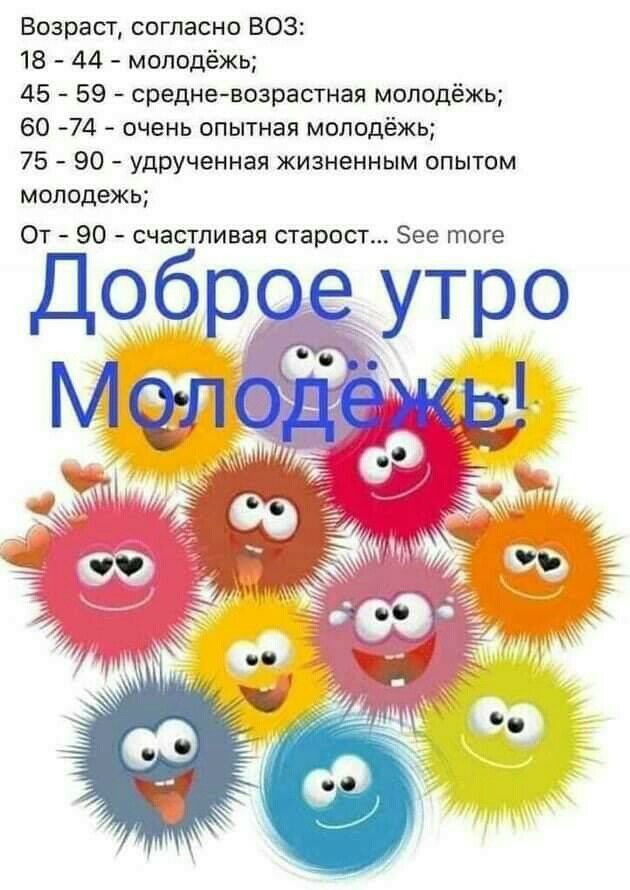 Возраст согласно 803 18 44 молодёжь 45 59 средневозрастная молодёжь 60 74 очень опытная молодёжь 75 ЭО удрученная жизненным опытом молодежь От 90 счастливаястарост Зее тоге Доброе утро