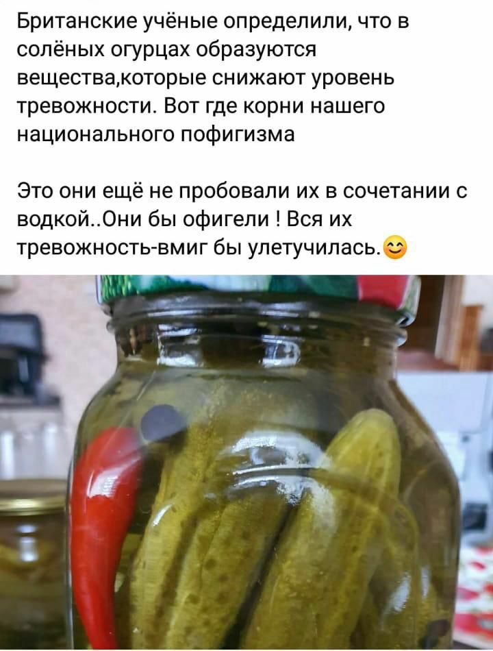 Британские учёные определили что в солёных огурцах образуются веществакоторые снижают уровень тревожности Вот где корни нашего национального пофигизма Это они ещё не пробовали их в сочетании с водкой0ни бы офигели Вся их тревожность вмиг бы улетучиласьхэ