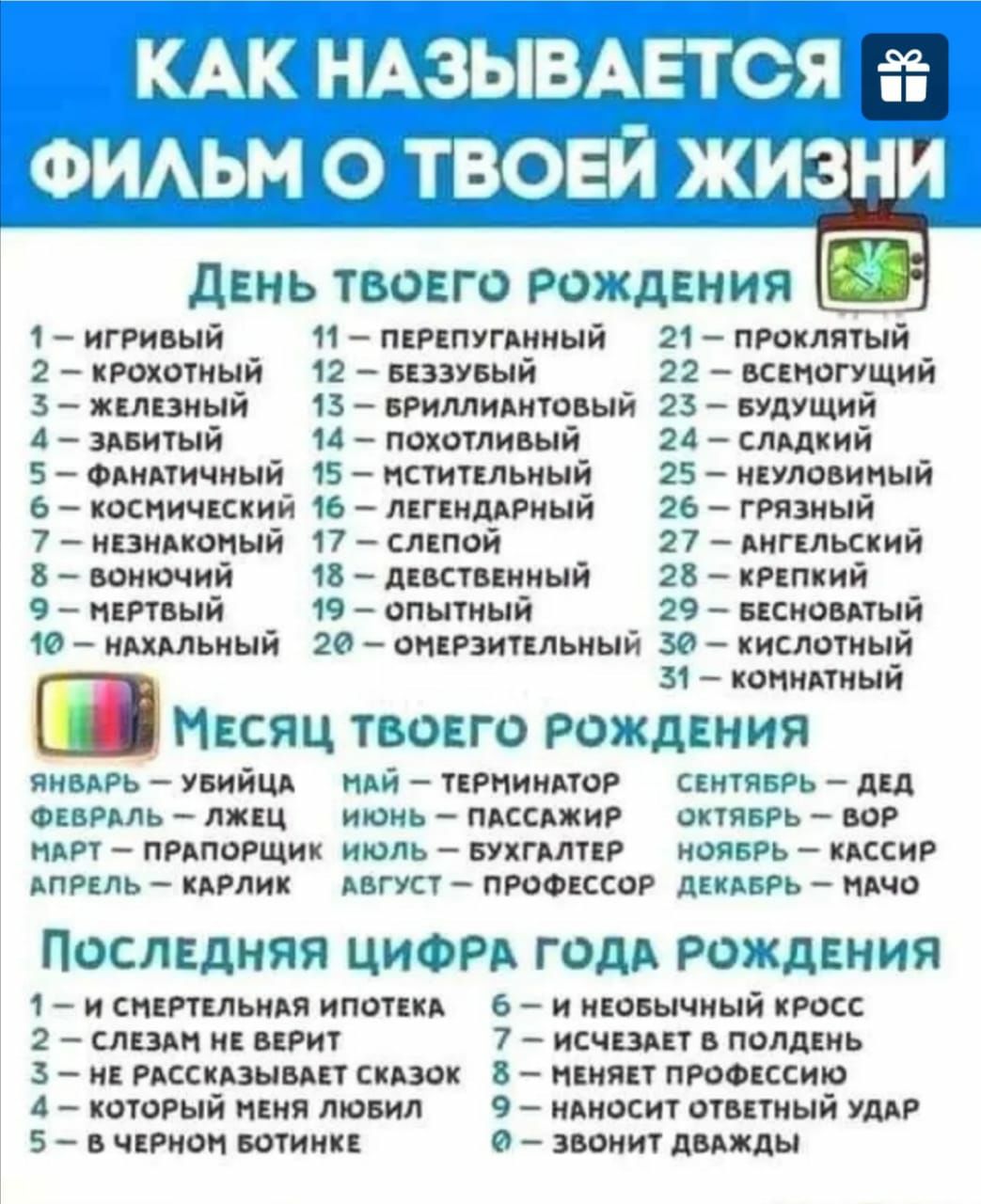 Как называется  ильм о твоей жизни день твоего рождения 1 игривый  1 перепуганный  21  проклятый, 2  крохотный  12  беззубый 22  всемогущий 3  железный  15  бриллиантовый 25  будущий 4 забитый  14  похотливый  24  сладкий 5  фанатичный 15  мстительный  25  неуловимый 6  коснический 16  легендарный  26  грязный 7  незнакомый 17  слепой 27  ангельский 8  вонючий  18  девственный  28  крепкий. 9  мертвый 19  опытный 29  весноватый 10  нахальный  20  омерзительный 30  кислотный !  Комнатный  месяц твоего рождения январь  убийца  май  терминатор  сентябрь  дед. Февраль  лжец  июнь  пассажир  октябрь  вор. Март  прапорщик июль  бухгалтер  ноябрь  кассир апрель  карлик  август  профессор.декабрь  мачо последняя цифра года рождения 1  и смертельная ипотека  6  и необычный кросс. 2  слезам не верит 7  исчезает в полдень 3  не рассказывает сказок  8  меняет профессию 4  который меня любил  9  наносит ответный удар. 5  в черном ботинке.   Звонит дважды