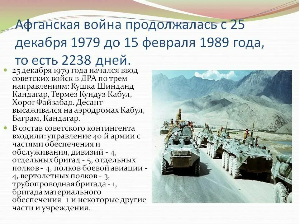 Афганская войнёпблжаласвт75 декабря 1979 до 15 февраля 1989 года то есть 2238 дней 25 декабря 1979 года начался ввод советских войск в ДРА по трем направлениям Кушка Шинданд Кандагар Термез Кундуз Кабул Хорог Файзабад Десант высаживался на аэродромах Кабул Баграм Кандагар В состав советского контингента входили управление 40 171 армии с частями обеспечения и обслуживания дивизий 4 отдельных бригад