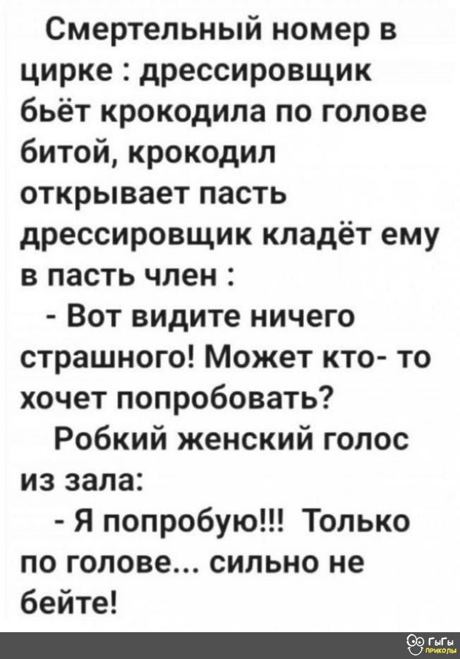 Смертельный номер в цирке дрессировщик бьёт крокодила по голове битой крокодил открывает пасть дрессировщик кладёт ему в пасть член Вот видите ничего страшного Может кто то хочет попробовать Робкий женский голос из зала Я попробую Только по голове сильно не бейте