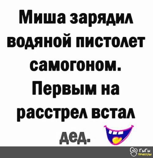 Миша зарядил водяной пистолет самогоном Первым на расстрел встал дел 67 Г Г
