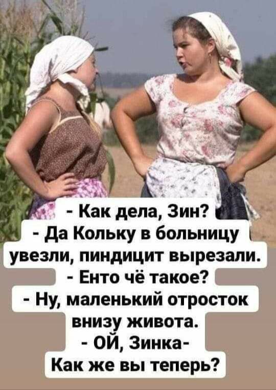 Как дела Зин да Кольку в больницу увезли пиндицит вырезали Енто чё такое Ну маленький отросток внизу живота ОЙ Зинка Как же вы теперь