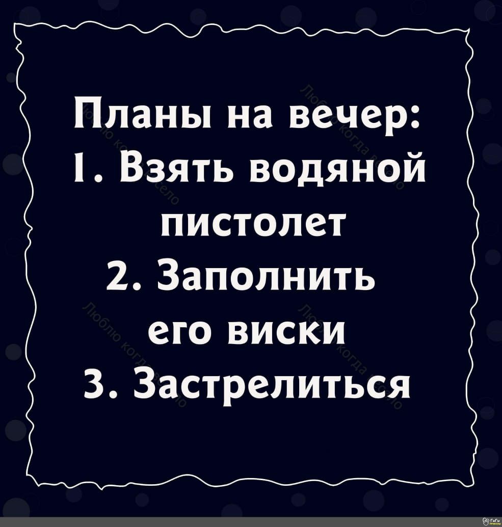 Планы на вечер Взять водяной пистолет 2 Заполнить его виски 3 Застрелиться