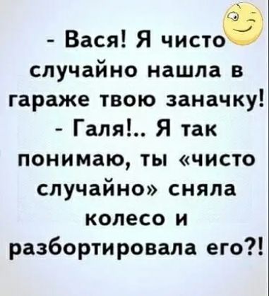 Вася Я чистоё случайно нашла в гараже твою заначку Галя Я так понимаю ты чисто случайно сняла колесо и разбортировала его