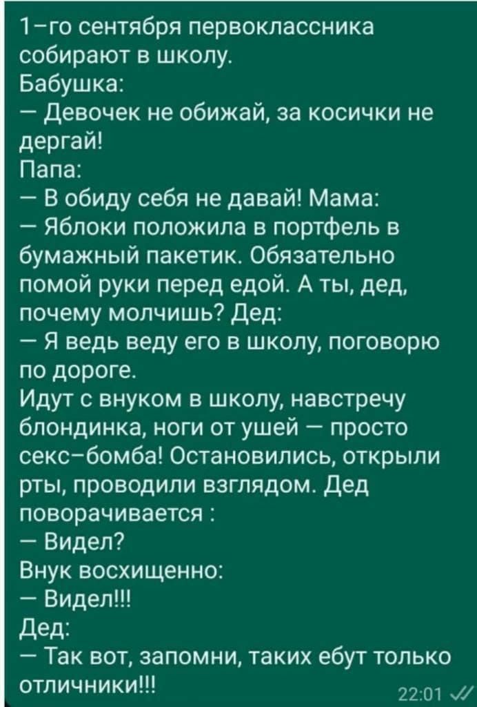 1го сентября первоклассника собирают в школу Бабушка Девочек не обижай за косички не дергай Папа В обиду себя не давай Мама Яблоки положила в портфель в бумажный пакетик Обязательно помой руки перед едой А ты дед почему молчишь Дед Я ведь веду его в школу поговорю по дороге Идут с внуком в школу навстречу блондинка ноги от ушей просто сексбомба Остановились открыли рты проводили взглядом Дед повор