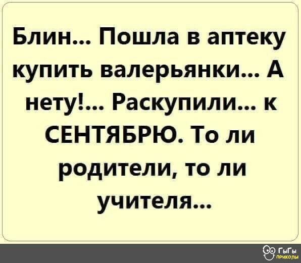 Блин Пошла в аптеку купить валерьянки А нету Раскупили к СЕНТЯБРЮ То ли родители то ли учителя