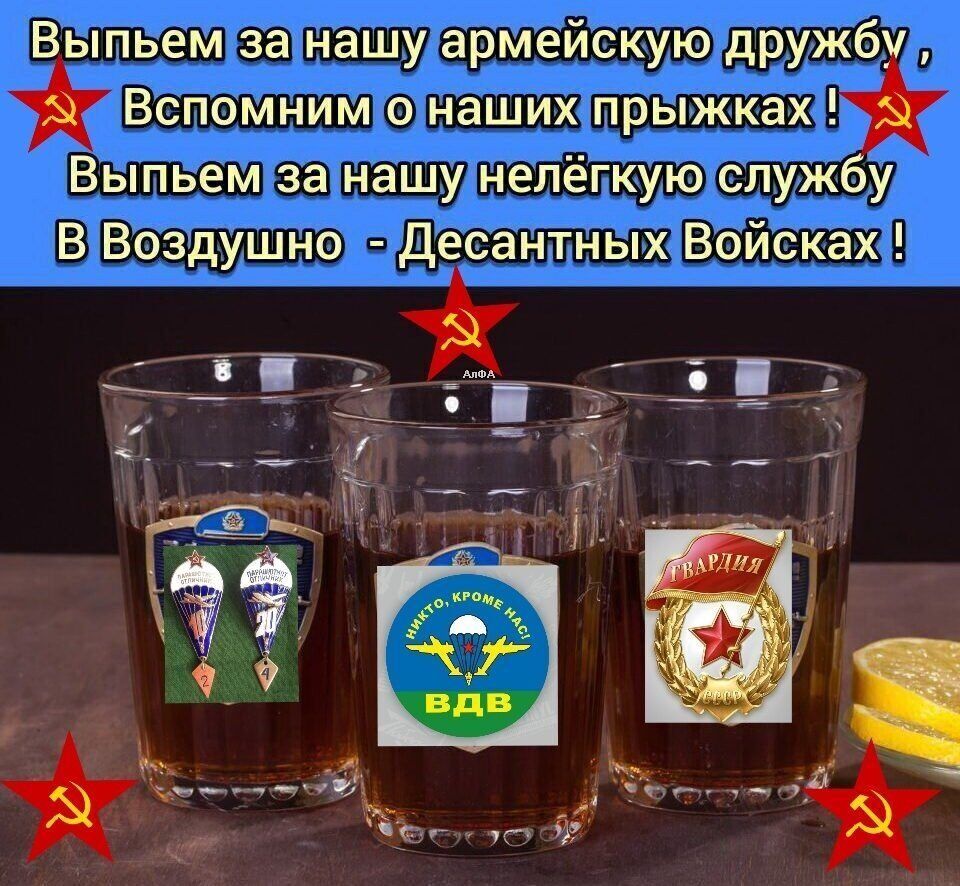 Выпьем за нашу армейскую дружб Вспомним о наших прыжках Выпьем за нашу нелёгкую службу В Воздушно Десантных Войсках