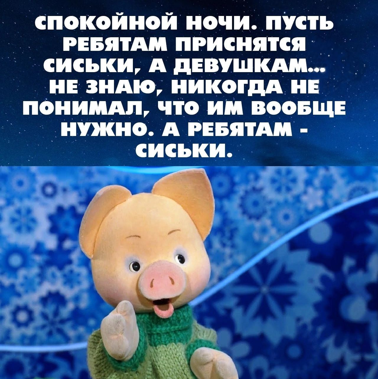 СПОКОЙНОЙ НОЧИ ПУСТЬ РЕБЯТАМ приснится СИСЬКИ А дЕВУШКАМ НЕ ЗНАЮ НИКОГДА НЕ поииидп что И ВООБЩЕ по А РЕБЯТА СИСЬКИ