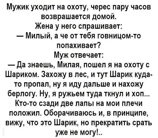 Мужик уходит на охоту черес пару часов возвращается домой Жена у него спрашивает Милый а че от тебя говницом то попахивает Муж отвечает Да знаешь Милая пошел я на охоту Шариком Захожу в лес и тут Шарик куда то пропал ну я иду дальше и нахожу берпогу Ну я ружьем туда ткнуп и хоп Кто то сзади две папы на мои плечи положил Оборачиваюсь и в принципе вижу что это Шарик но прекратить срать уже не могу