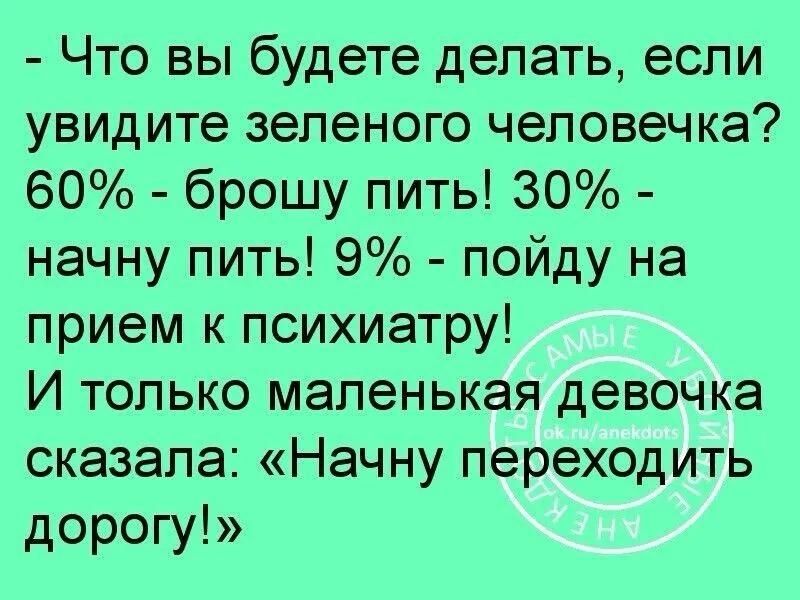 Что вы будете делать если увидите зеленого человечка 60 брошу пить 30 начну пить 9 пойду на прием к психиатру И только маленькая девочка сказала Начну переходить дорогу