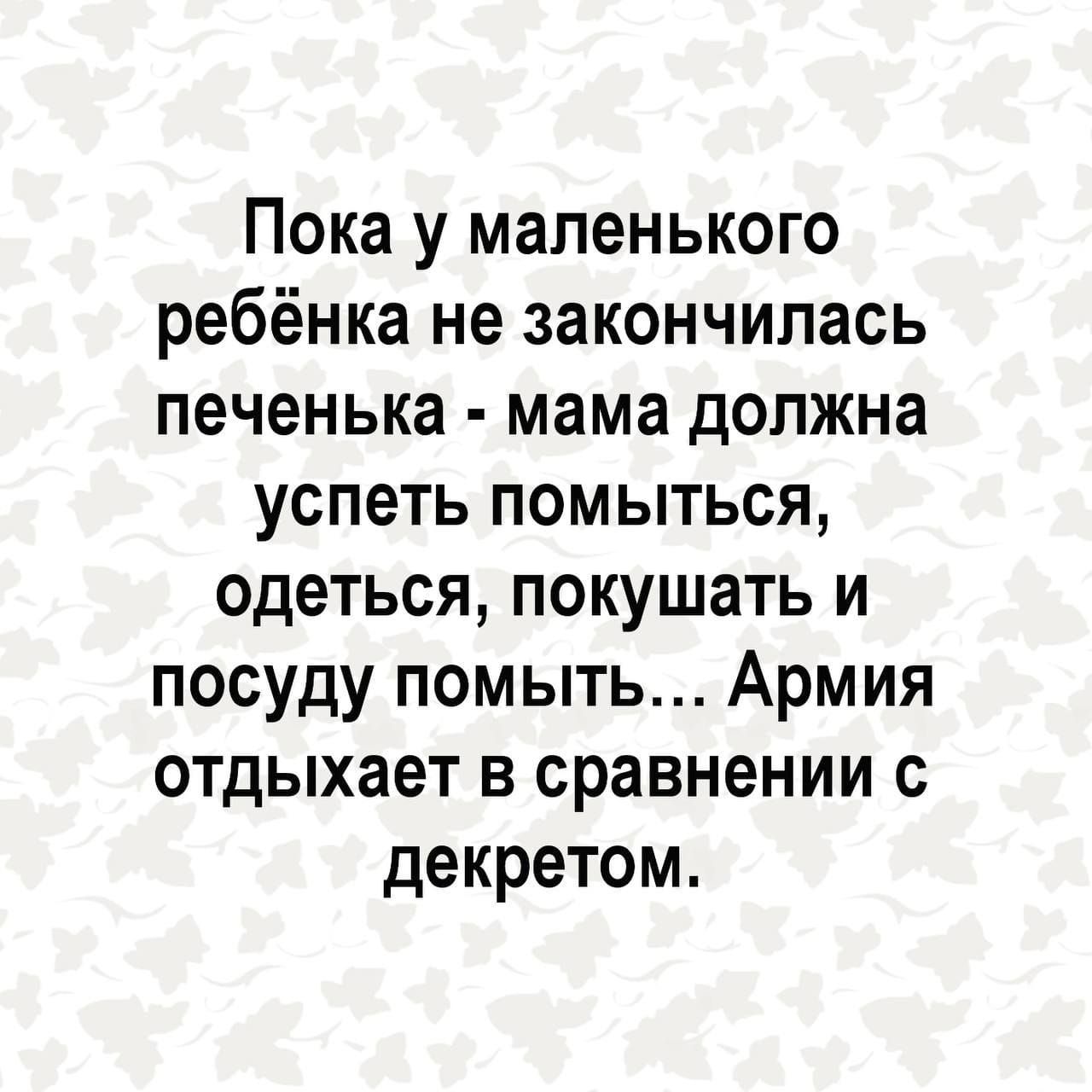 Пока у маленького ребёнка не закончилась печенька мама должна успеть помыться одеться покушать и посуду помыть Армия отдыхает в сравнении с декретом