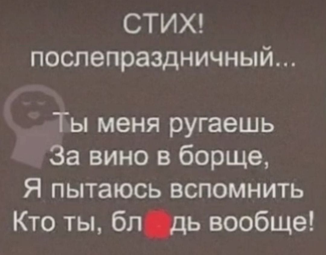 СТИХ послепраздничный Ты меня ругаешь За вино в борще Я пытаюсь вспомнить Кто ты блдь вообще