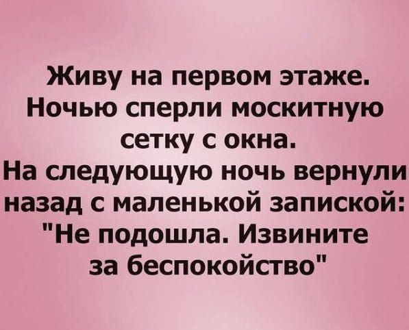 Живу на первом этаже Ночью сперли москитную сетку с окна На следующую ночь вернули назад с маленькой запиской Не подошла Извините за беспокойство