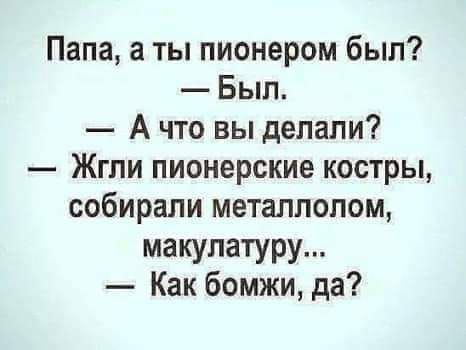 Папа а ты пионером был Был А что вы делали Жгли пионерские костры собирали металлолом макулатуру Как бомжи да