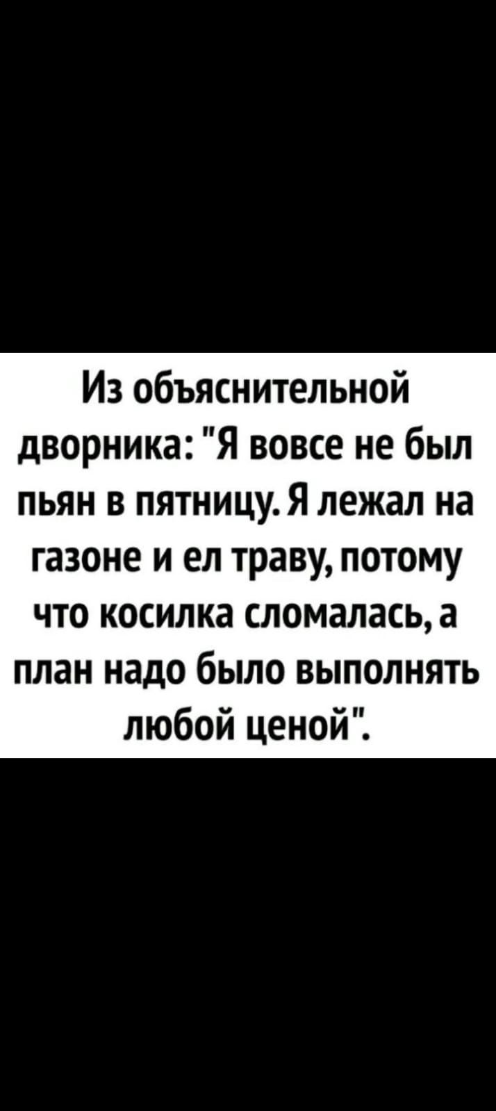 Из объяснительной дворника Я вовсе не был пьян в пятницуЯ лежал на газоне и ел траву потому что косилка сломалась а план надо было выполнять любой ценой