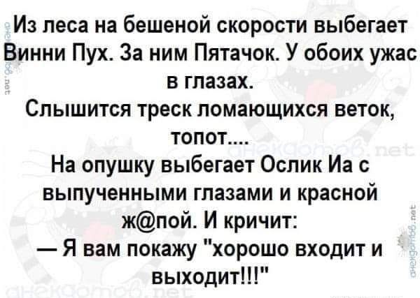 Из леса на бешеной скорости выбегает Винни Пух За ним Пятачок У обоих ужас в глазах Слышится треск помающихся веток топот На опушку выбегает Ослик Иа с выпученными глазами и красной жпой И кричит Я вам покажу хорошо входит и выходит