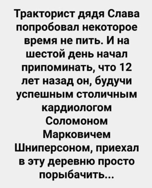 Тракторист дядя Слава попробовал некоторое время не пить И на шестой день начал припоминать что 12 лет назад он будучи успешным столичным кардиологом Соломоном Марковичем Шниперсоном приехал в эту деревню просто порыбачить