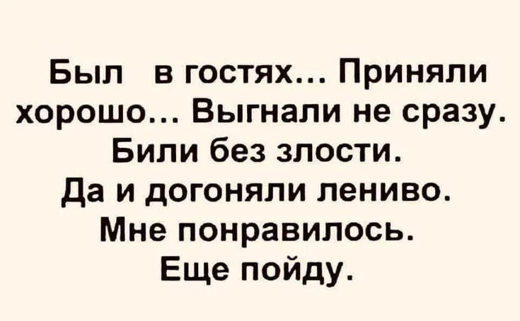 Был в гостях Приняли хорошо Выгнали не сразу Били без злости Да и догоняли лениво Мне понравилось Еще пойду