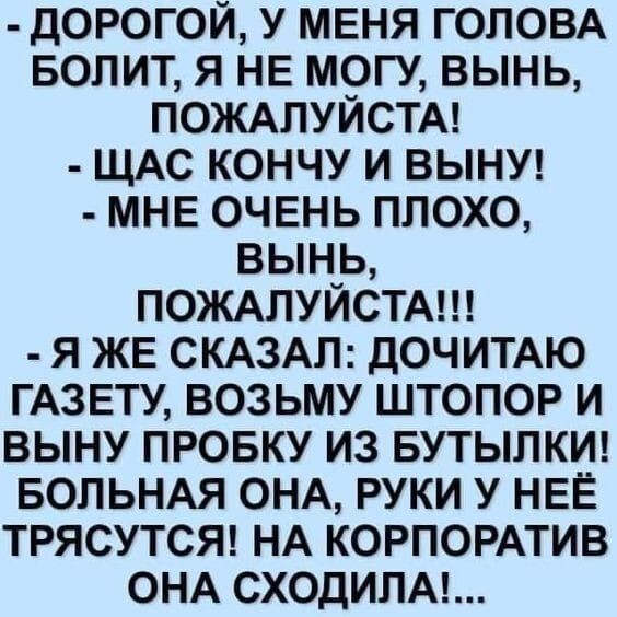 ДОРОГОЙ У МЕНЯ ГОЛОВА БОЛИТ Я НЕ МОГУ ВЫНЬ ПОЖАЛУЙСТА ЩАС КОНЧУ И ВЫНУ МНЕ ОЧЕНЬ ПЛОХО вЫНЬ ПОЖАЛУЙСТА Я ЖЕ СКАЗАЛ ДОЧИТАЮ ГАЗЕТУ ВОЗЬМУ ШТОПОР И ВЫНУ ПРОБКУ ИЗ БУТЫЛКИ БОЛЬНАЯ ОНА РУКИ У НЕЁ ТРЯСУТСЯ НА КОРПОРАТИВ ОНА СХОДИЛА