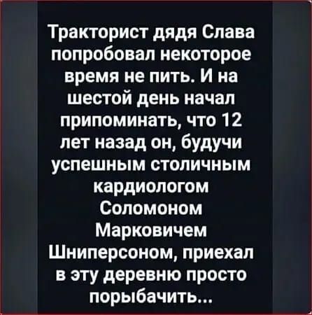 Тракторист дядя Слава попробовал некоторое время не пить И на шестой день начал припоминать что 12 лет назад он будучи успешным столичным кардиологом Соломоном Марковичем Шниперсоном приехал в эту деревню просто порыбачить