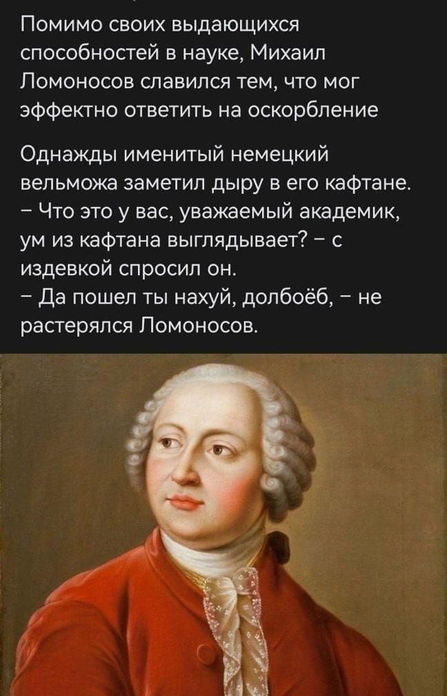 Помимо своих выдающихся способностей в науке Михаил Ломоносов славился тем что мог эффектно ответить на оскорбление Однажды именитый немецкий вельможа заметил дыру в его кафтане Что это у вас уважаемый академик ум из кафтана выглядывает с издевкой спросил он Да пошел ты нахуй долбоёб не растерялся Ломоносов