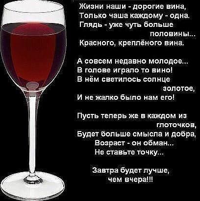 Жизни наши дорогие вина только чаша каждому одна Глядь уже чуть больше половины Красного креплёного вина А совсем недавно молодое В голове играло то вино В нём светилось солнце золотое И не жалко было нам его Пусть теперь же в каждом из глоточков Будет больше смысла и добра Возраст он обман Не ставьте точку Завтра будет лучше чем вчера