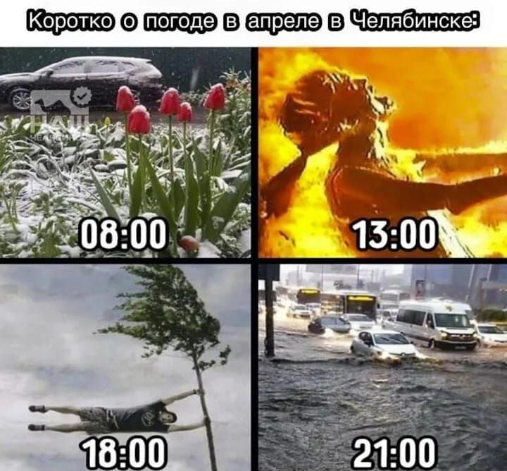 Коротко о погоде в апреле в Челябинске: 08:00, 13:00, 18:00, 21:00