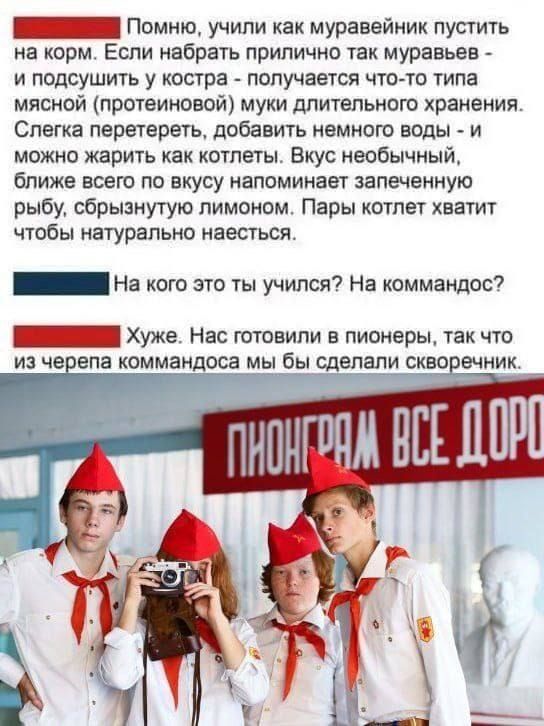 Помню, учили как муравейник пустить на корм. Если набрать прилично так муравьев - и подсушить у костра - получается что-то типа мясной (протеиновый) муки длительного хранения. Слегка перетереть, добавить немного воды - и можно жарить как котлеты. Вкус необычный, ближе всего по вкусу напоминает запеченную рыбу, сбрызнутую лимоном. Пары котлет хватит чтобы натурально наесться.

На кого это ты учился? На командос? Хуже. Нас готовили в пионеры, так что из черепа командосса мы бы сделали скворечник.
