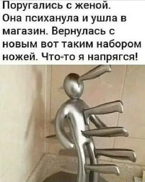 Поругались с женой. Она психанула и ушла в магазин. Вернулась с новым вот таким набором ножей. Что-то я напрягся!