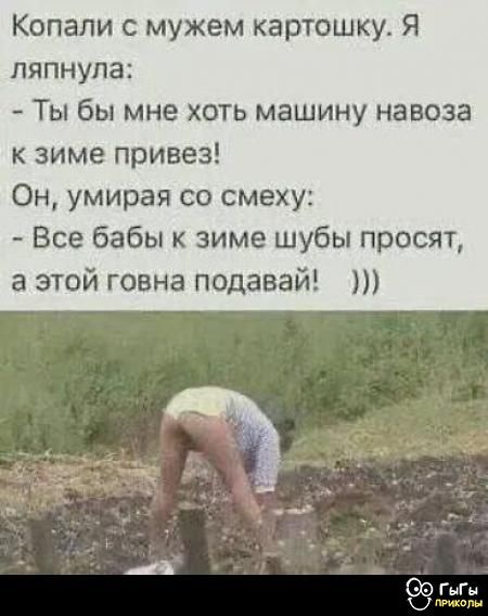 Копали с мужем картошку. Я ляпнула: - Ты бы мне хоть машину навоза к зиме привез! Он, умирая со смеху: - Все бабки к зиме шубы просят, а этой говна подавай! )))
