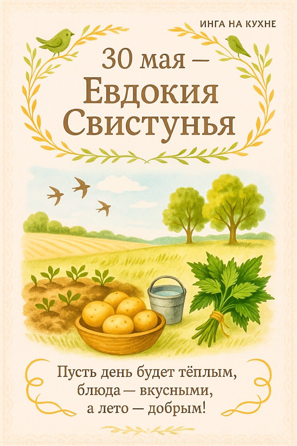 30 мая — Евдокия Свистунья
Пусть день будет тёплым, блюда — вкусными, а лето — добрым!