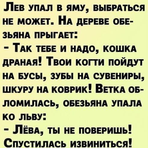 Лев упал в яму, выбраться не может. На дереве обезьяна прыгает:
 - Так тебе и надо, кошка дранная! Твои когти пойдут на бусы, зубы на сувениры, шкуру на коврик! Ветка обломилась, обезьяна упала ко льву:
 - Льва, ты не поверишь! Спутился извиниться!