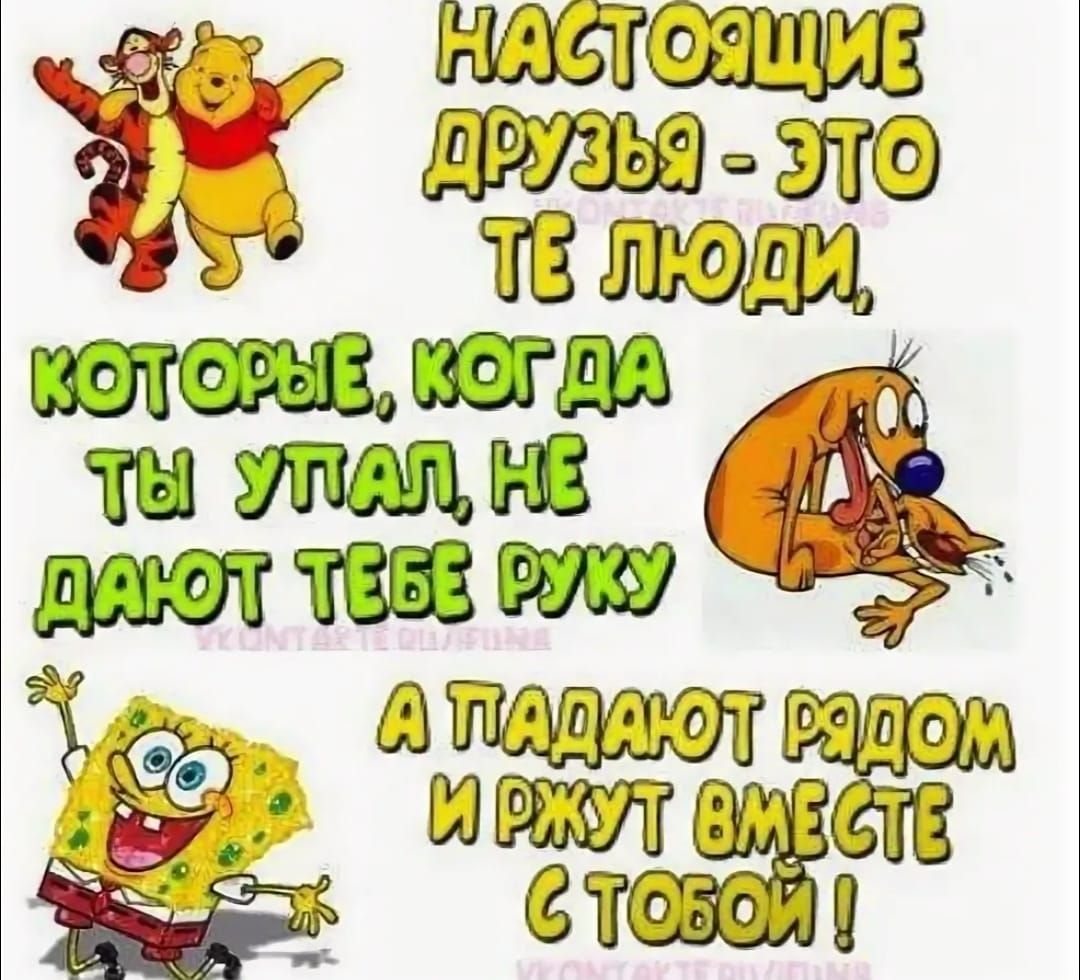 НАСТОЯЩИЕ ДРУЗЬЯ - ЭТО ТЕ ЛЮДИ,
КОТОРЫЕ, КОГДА ТЫ УПАЛ, НЕ ДАДУТ ТЕБЕ РУКУ
А ПАДАЮТ РЯДОМ И РЖУТ ВМЕСТЕ С ТОБОЙ !