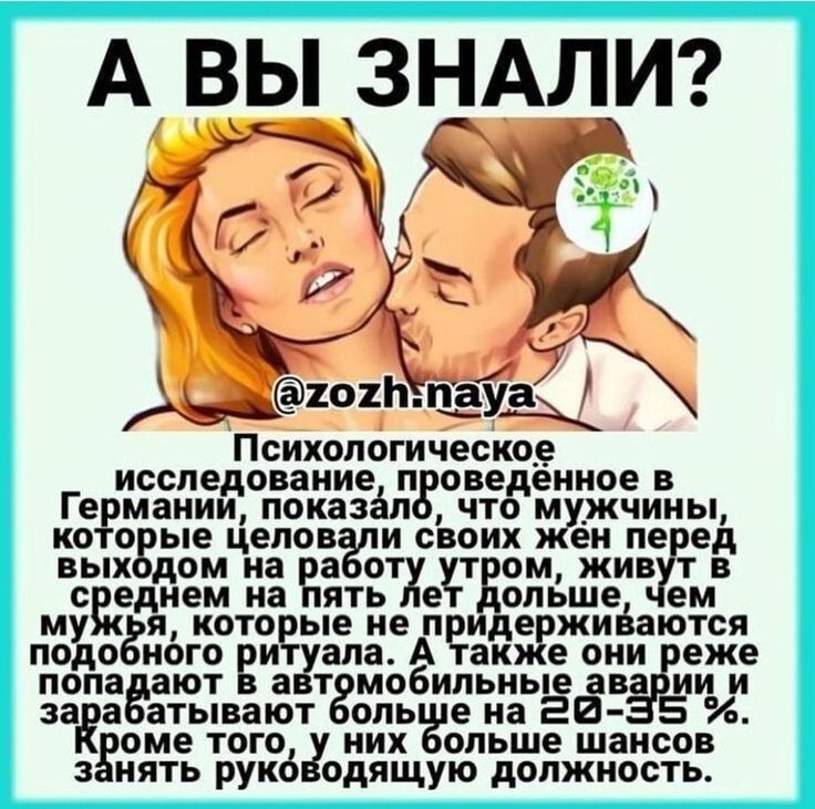 А ВЫ ЗНАЛИ?

Психологическое исследование, проведённое в Германии, показало, что мужчины, которые целуются своих жен перед выходом на работу утром, живут в среднем на пять лет дольше, чем мужья, которые не придерживаются подобного ритуала. А также они реже попадают в автомобильные аварии и зарабатывают больше на 20-35%.
Кроме того, у них больше шансов занять руководящую должность.