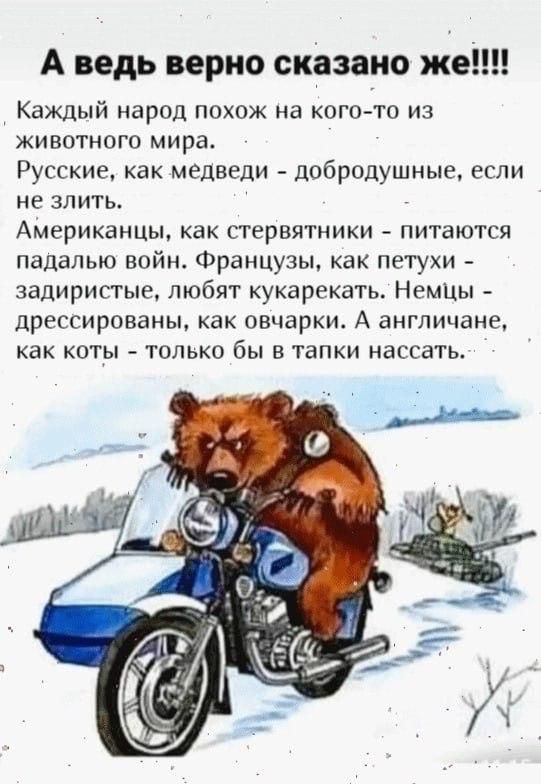 А ведь верно сказано же!!!! Каждый народ похож на кого-то из животного мира. Русские, как медведи – добродушные, если не злить. Американцы, как стервятники – пытаются падально войн. Француз, как петухи – задиристые, любят кукарекать. Немцы – дрессированные, как овчарки. А англичане, как коты – только бы в тапки нассать.