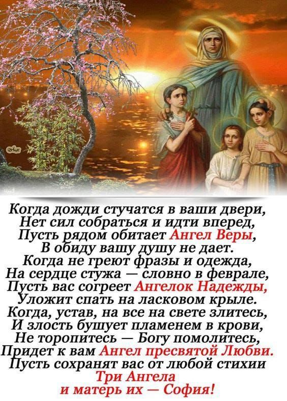Когда дожди стучаться в ваши двери,
Нет сил собраться и идти вперед,
Пусть рядом обитает Ангел Верты,
В обиду вашу душу не дает.
Когда не греют фразы и одежда,
На сердце стужа – словно в феврале,
Пусть вас согреет Ангел Надежды,
Уложит спать на ласковом крыле.
Когда, устав, на все на свете злиться,
И злость бушует пламенем в крови,
Найдёт вас Ангел пресвятой Любви.
Придёт к вам Ангел
и матери их – София!
