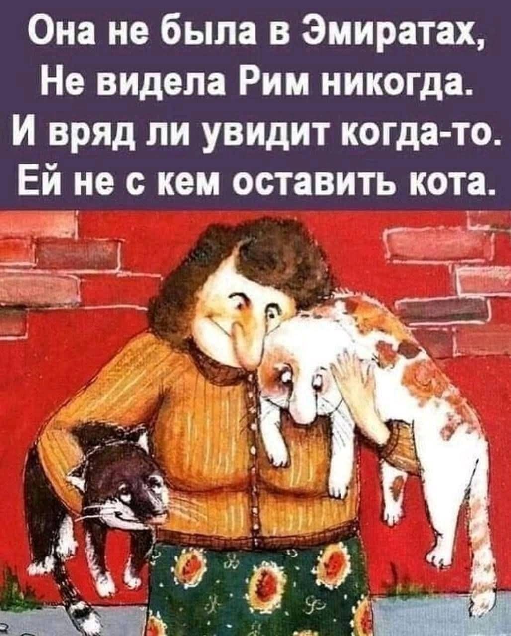 Она не была в Эмиратах, Не видела Рим никогда. И вряд ли увидит когда-то. Ей не с кем оставить кота.