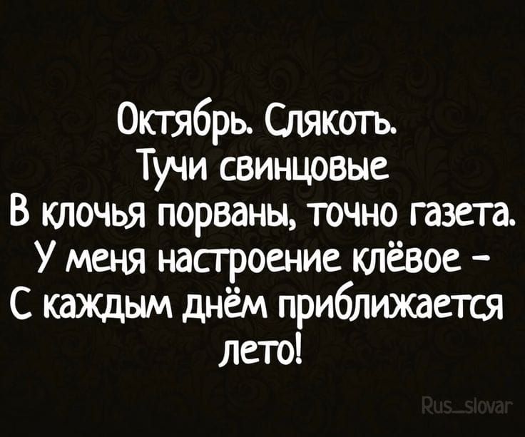 Октябрь. Слякоть.
Тучи свинцовые
В ключья порваны, точно газета.
У меня настроение клёвое –
С каждым днём приближается лето!