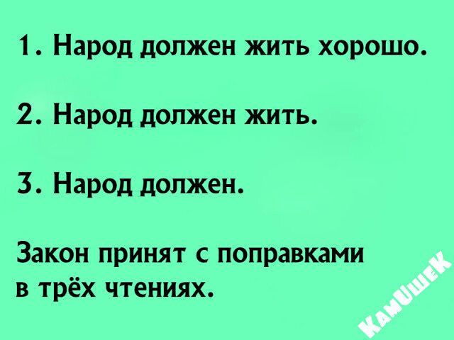 1. Народ должен жить хорошо.
2. Народ должен жить.
3. Народ должен.
Закон принят с поправками в трёх чтениях.