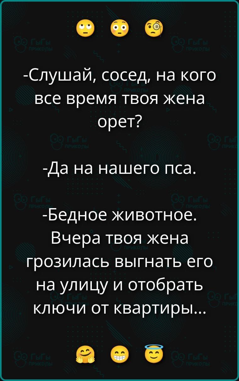 -Слушай, сосед, на кого все время твоя жена орет?
-Да на нашего пса.
-Бедное животное. Вчера твоя жена грозилась выгнать его на улицу и отобрать ключи от квартиры...