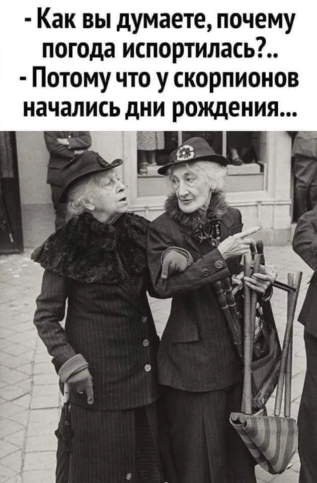 - Как вы думаете, почему погода испортилась?..
- Потому что у скорпионов начались дни рождени...