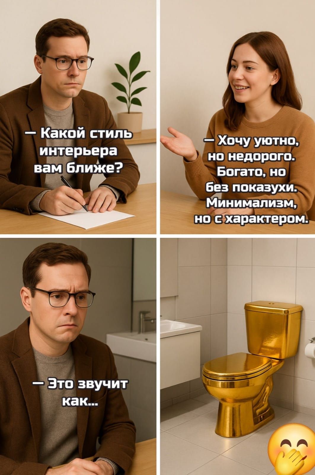 — Какой стиль интерььера вам ближе? — Хочу уютно, но недорого. Богато, но без показухи. Минимализм, но с характером. — Это звучит как...