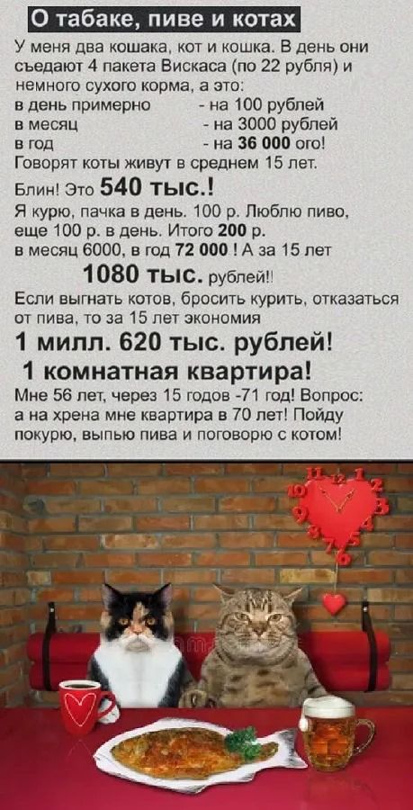 О табаке, пиве и котах. У меня два кота, кот и кошка. В день они съедают 4 пакета вискиаса (по 22 рубля) и немного сухого корма... в день примерно 540 тыс.! Я курю, пачка в день. Итог 1 млн 620 тыс. рублей! 1 комната квартира! Мне 56 лет, через 15 годов - 71 год! Пойду покурю, выпью пива и поговарю с котом!