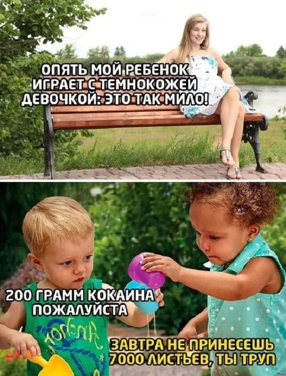 ОПЯТЬ МОЙ РЕБЕНОК ИГРАЕТ С ТЕМНОКОЖЕЙ ДЕВОЧКОЙ: ЭТО ТАК МИЛО!
200 ГРАММ КОКАИНА ПОЖАЛУЙСТА
ЗАВТРА НЕ ПРИНЕСЕШЬ 7000 ЛИСТЬЕВ, ТЫ ТРУП