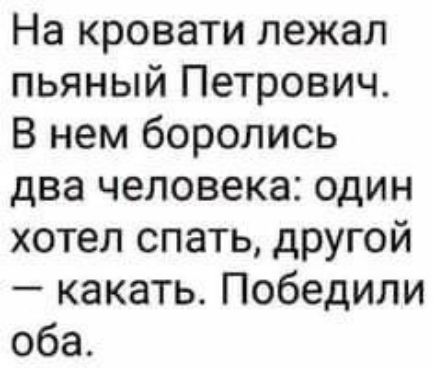 На кровати лежал пьяный Петрович. В нем боролись два человека: один хотел спать, другой – какать. Победили оба.