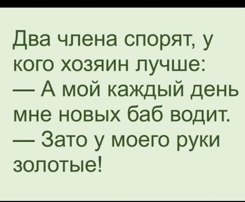 Два члена спорят, у кого хозяин лучше: — А мой каждый день мне новых баб водит. — Зато у моего руки золотые!